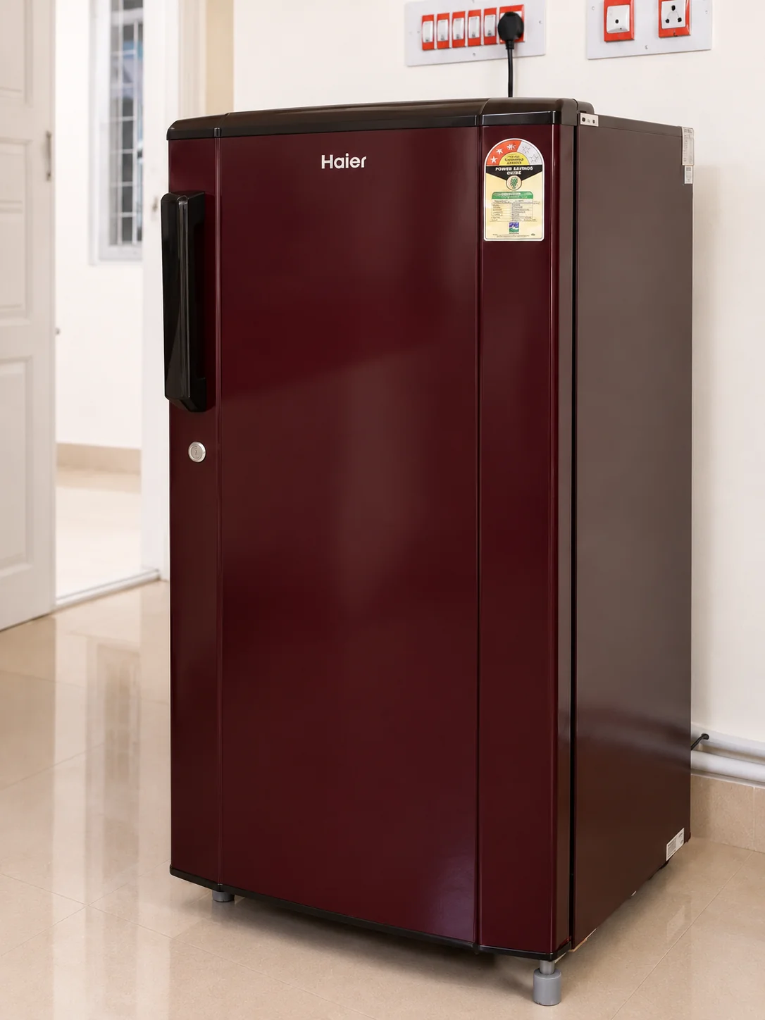 Refrigerator in the private kitchen of Nidhi apartment at Balakrishna Udupi Homestay.